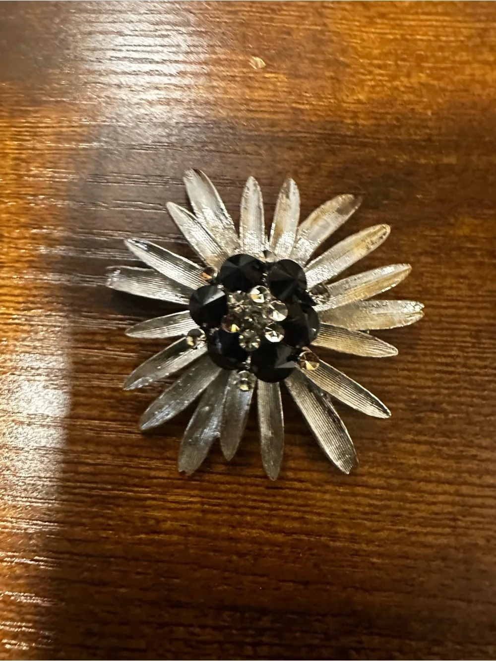 Silver Flower Brooch with Black and Clear Rhinestones